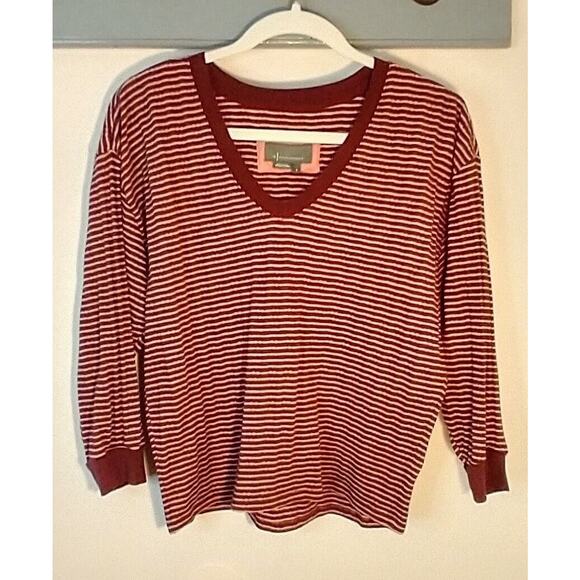 Anthropologie Hanna Striped Top Pink Red V-Neck 3/4 Sleeve Blouse Size S - Picture 2 of 6